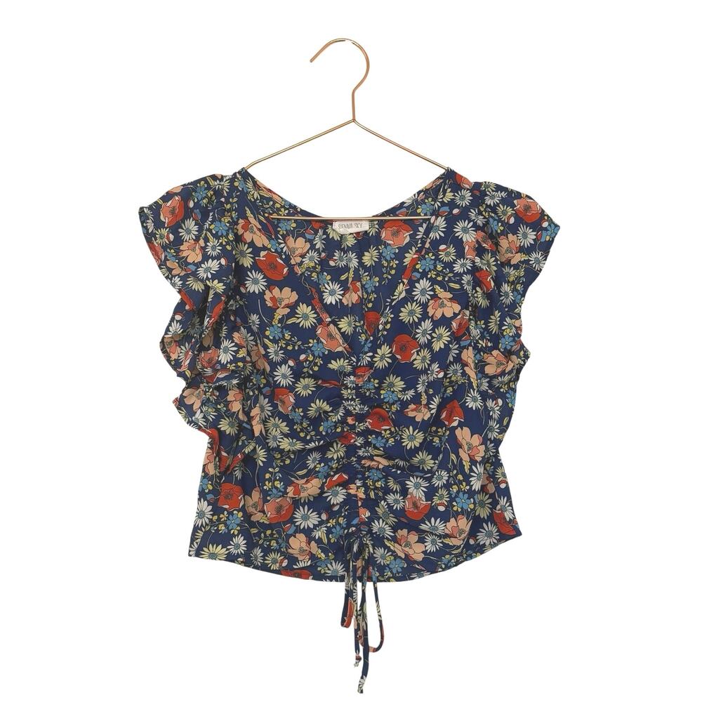 Sienna sky floral ruched front with tie ruffle sleeve size small